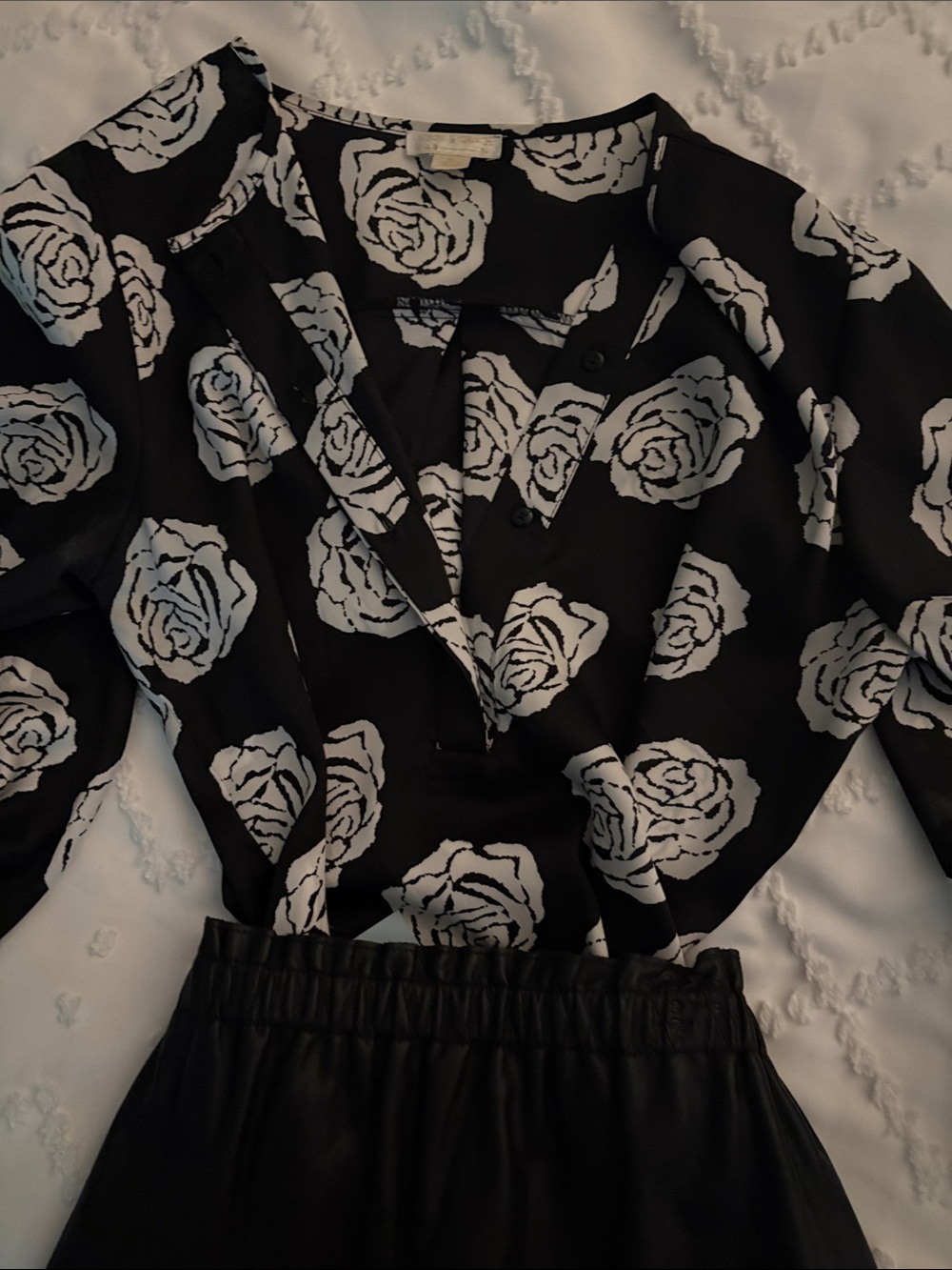 Black and White Rose Print Blouse - Women's Classic Floral Top